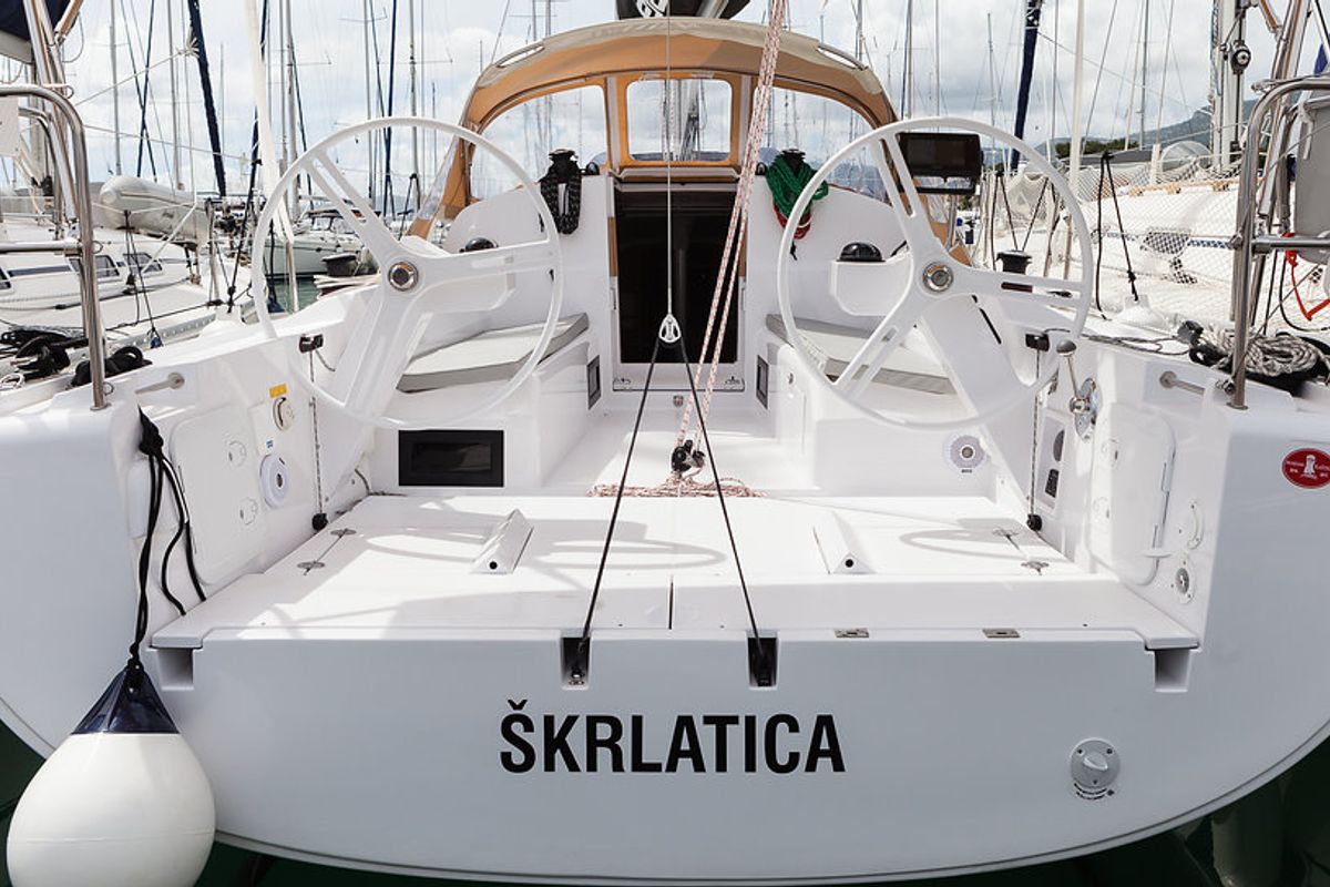 Deck of Škrlatica, a Elan E3 sailboat at Grad Kaštela, Croatia