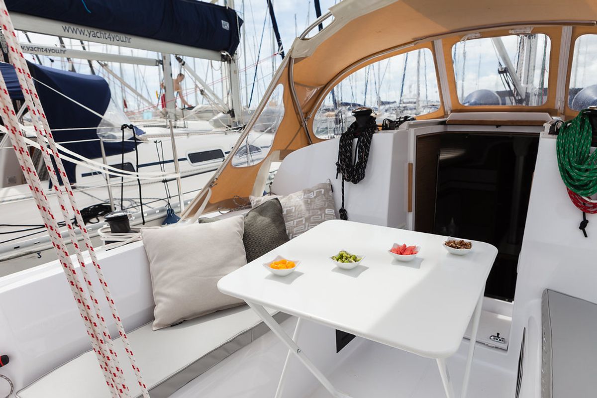 Deck of Škrlatica, a Elan E3 sailboat at Grad Kaštela, Croatia