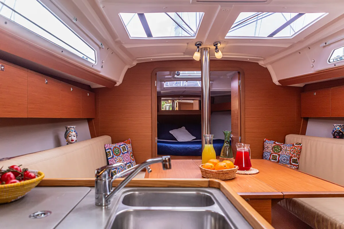 Salon of Smile Planet, a Dufour 360 Grand Large sailboat at Tonnarella, Italy