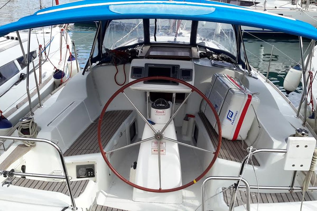 Cockpit of El Greco, a Jeanneau Sun Odyssey 36i sailboat at Athens, Greece