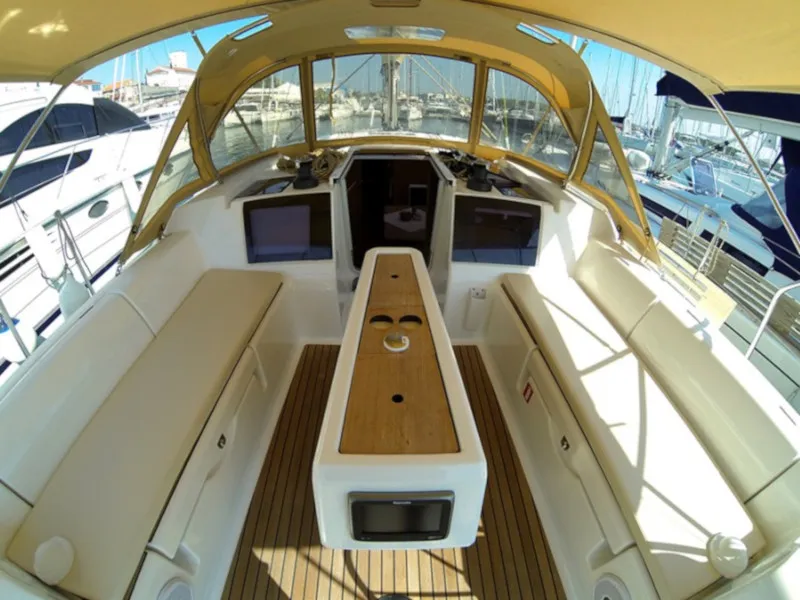 Cockpit of Pleasant Company, a Dufour 382 Grand Large sailboat at Kalkara, Malta