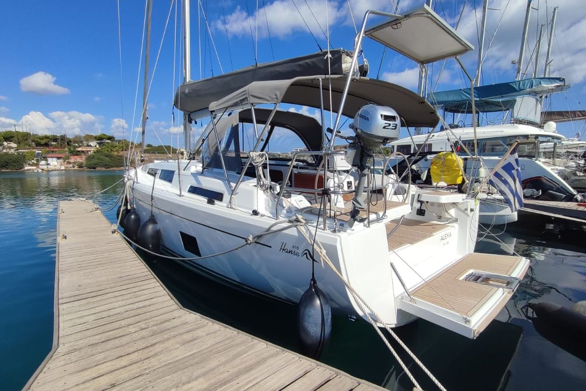 Exterior view of Alexa, a Hanse Yachts Hanse 418 sailboat at Lavreotiki Municipal Unit, Greece