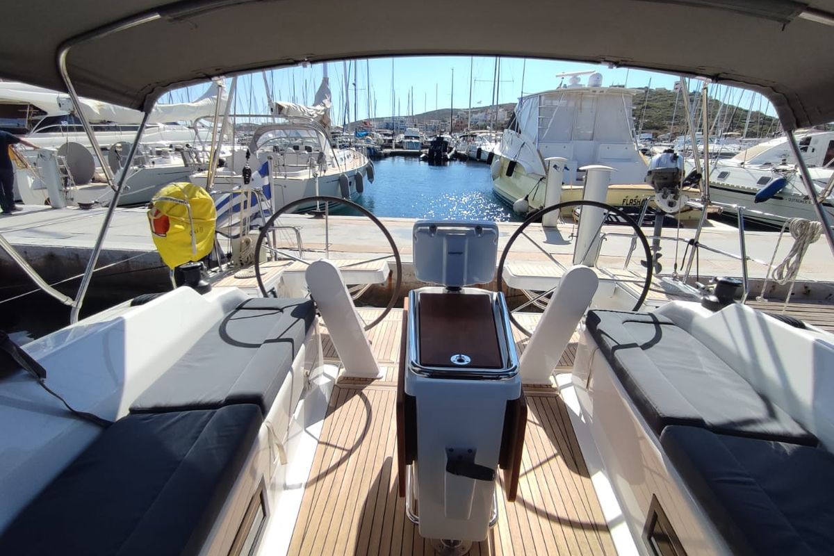 Cockpit of Alexa, a Hanse Yachts Hanse 418 sailboat at Lavreotiki Municipal Unit, Greece