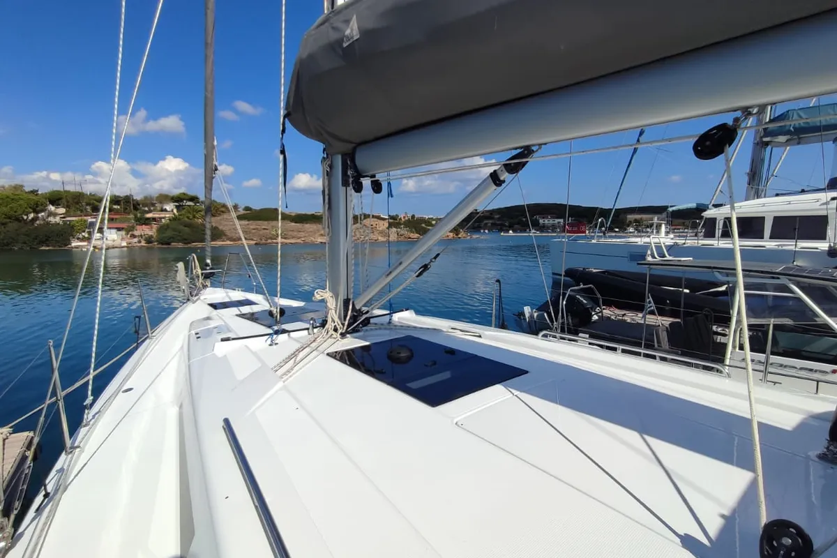 Deck of Alexa, a Hanse Yachts Hanse 418 sailboat at Lavreotiki Municipal Unit, Greece