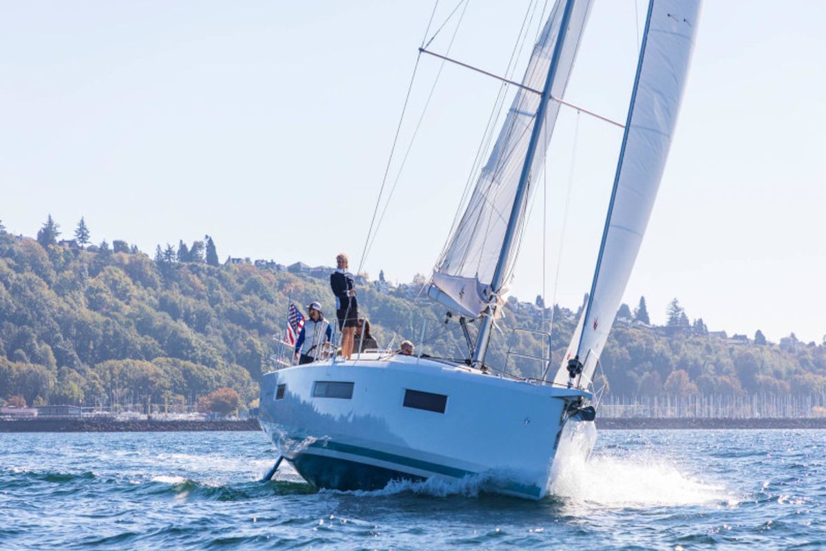Exterior view of Tolinho, a Jeanneau Sun Odyssey 440 sailboat at Municipal Unit of Rhodes, Greece