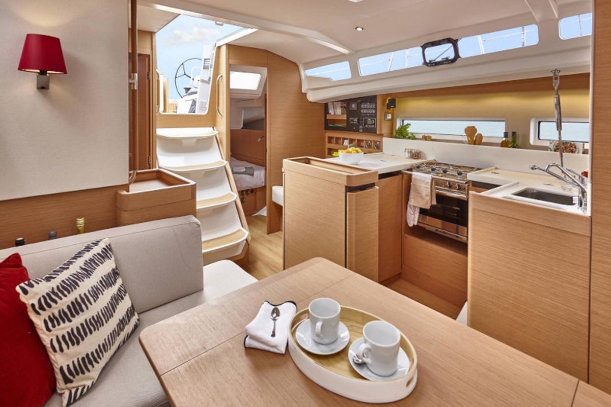 Salon of Tolinho, a Jeanneau Sun Odyssey 440 sailboat at Municipal Unit of Rhodes, Greece