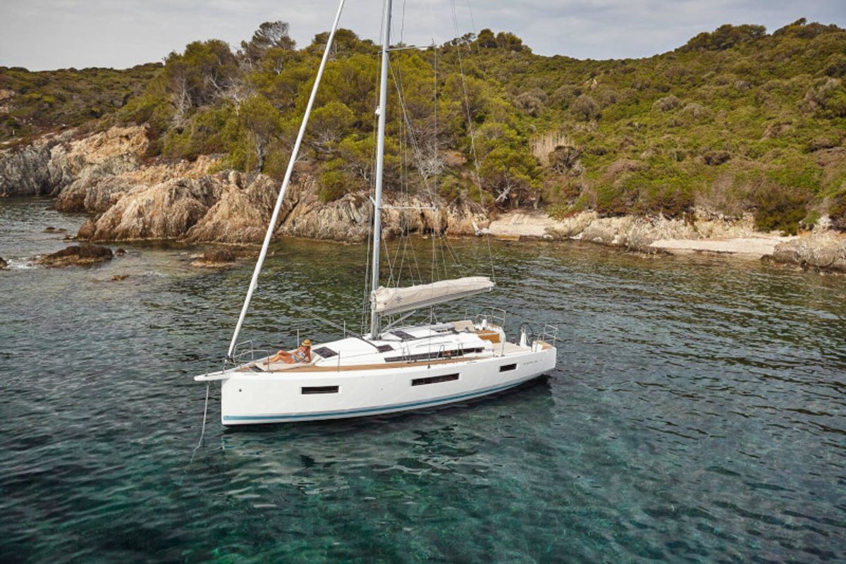 Exterior view of Tolinho, a Jeanneau Sun Odyssey 440 sailboat at Municipal Unit of Rhodes, Greece