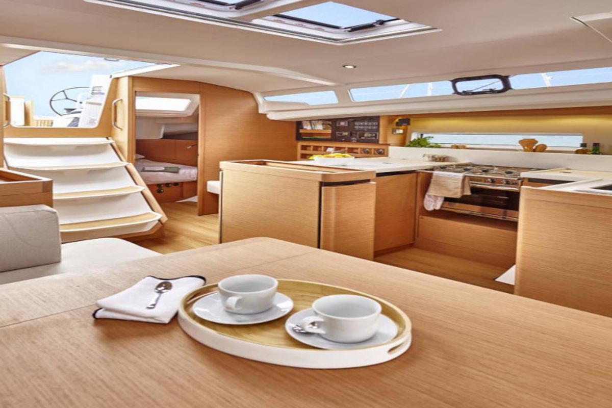 Salon of Tolinho, a Jeanneau Sun Odyssey 440 sailboat at Municipal Unit of Rhodes, Greece