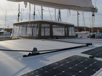 Cockpit of Vamos Elli, a Lagoon 450 S catamaran at Palma de Mallorca, Spain