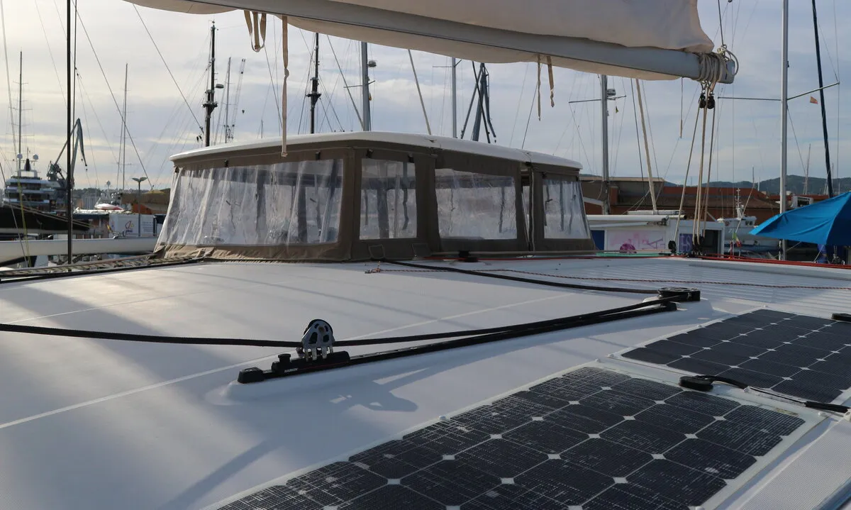 Cockpit of Vamos Elli, a Lagoon 450 S catamaran at Palma de Mallorca, Spain