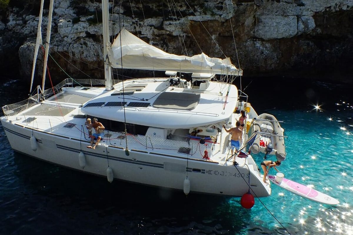Exterior view of Vamos Elli, a Lagoon 450 S catamaran at Palma de Mallorca, Spain