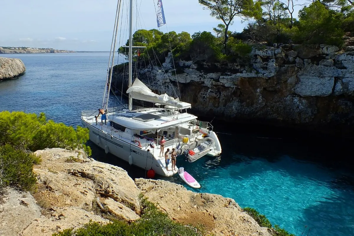 Exterior view of Vamos Elli, a Lagoon 450 S catamaran at Palma de Mallorca, Spain