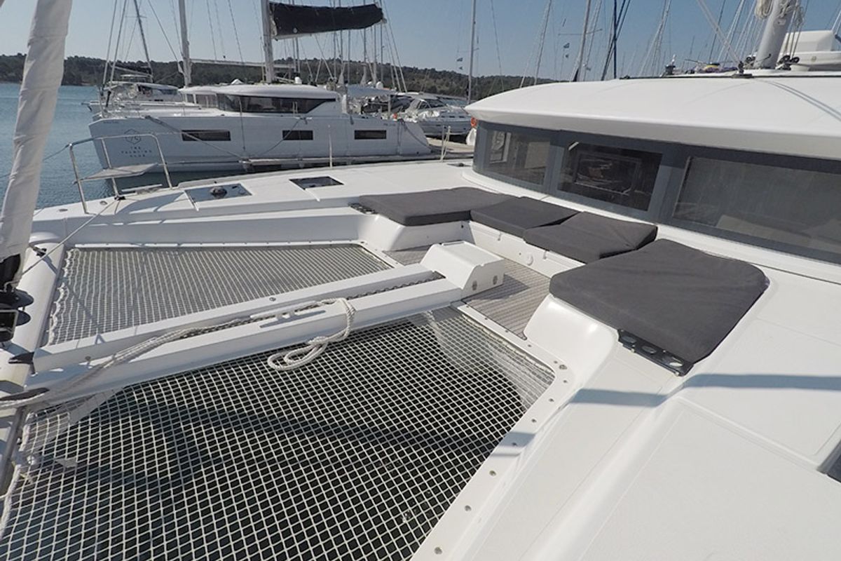 Deck of Zuzo 1ST, a Lagoon 50 catamaran at Grad Šibenik, Croatia