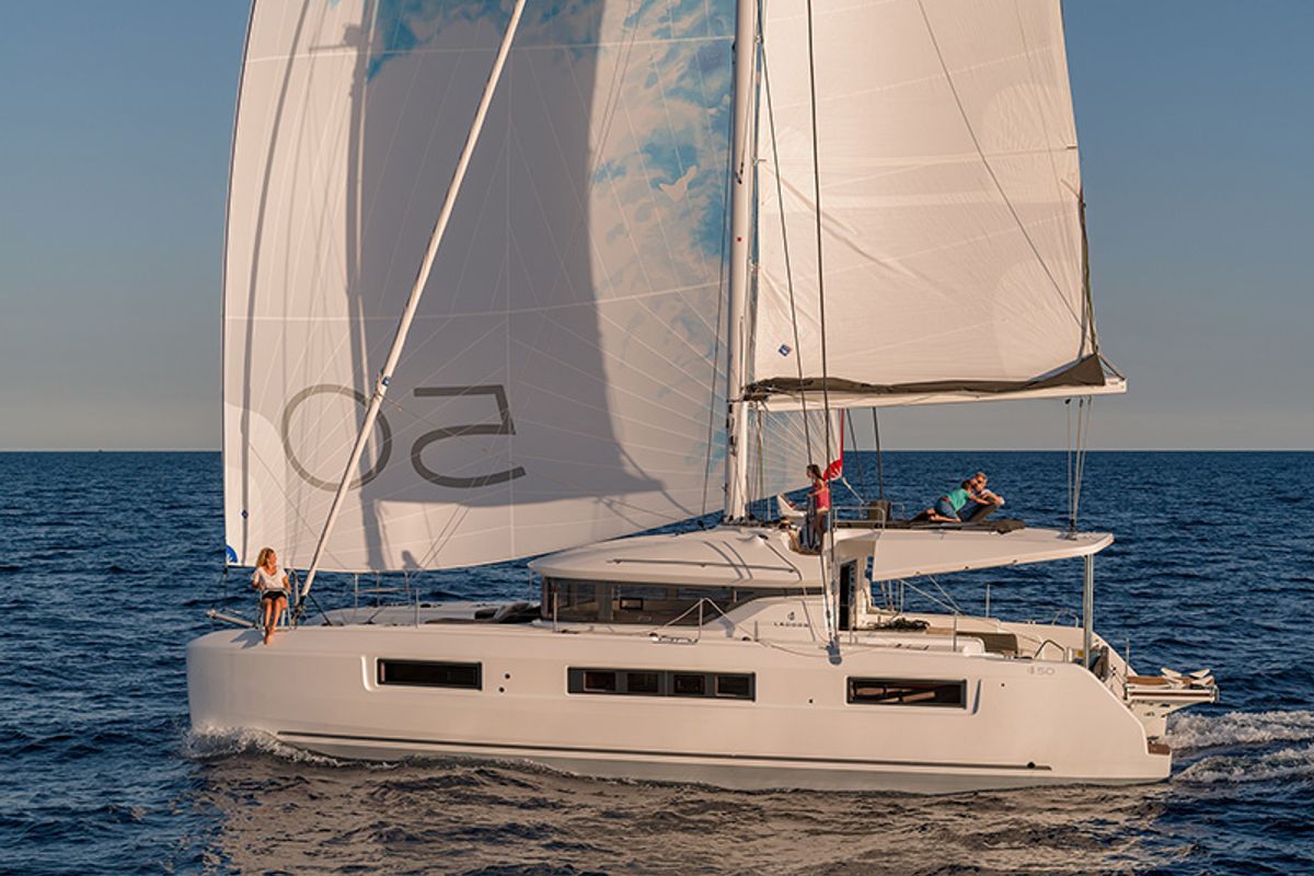 Exterior view of Zuzo 1ST, a Lagoon 50 catamaran at Grad Šibenik, Croatia