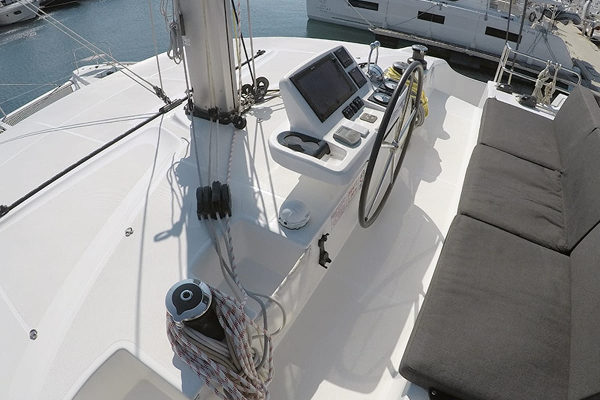 Cockpit of Zuzo 1ST, a Lagoon 50 catamaran at Grad Šibenik, Croatia