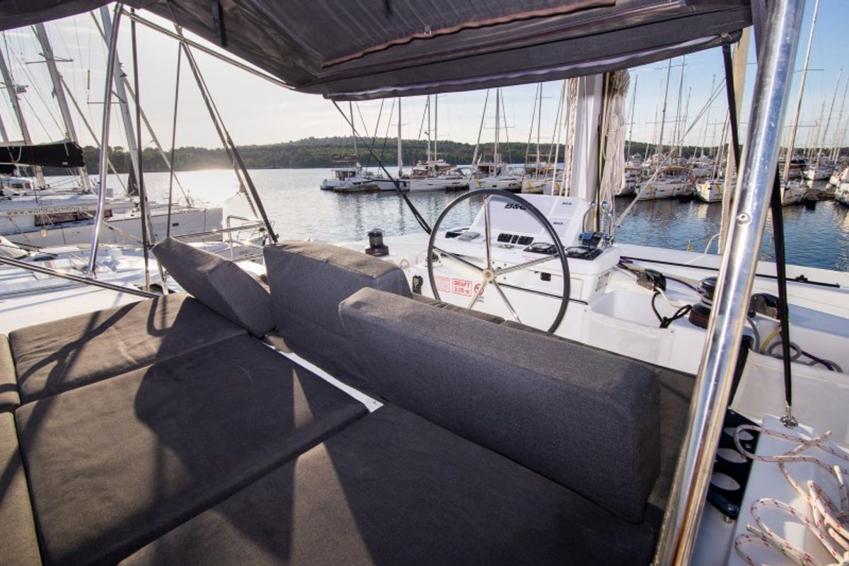 Cockpit of Zuzo 1ST, a Lagoon 50 catamaran at Grad Šibenik, Croatia
