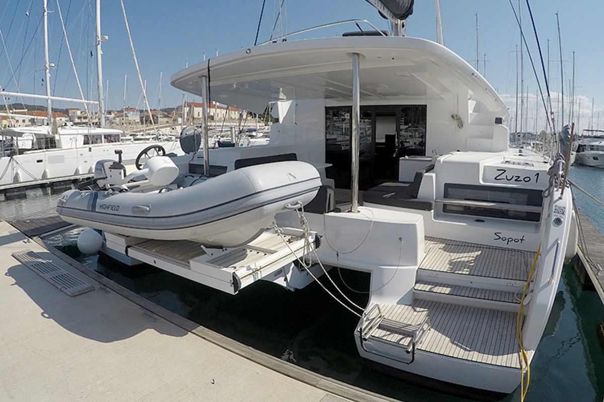 Exterior view of Zuzo 1ST, a Lagoon 50 catamaran at Grad Šibenik, Croatia