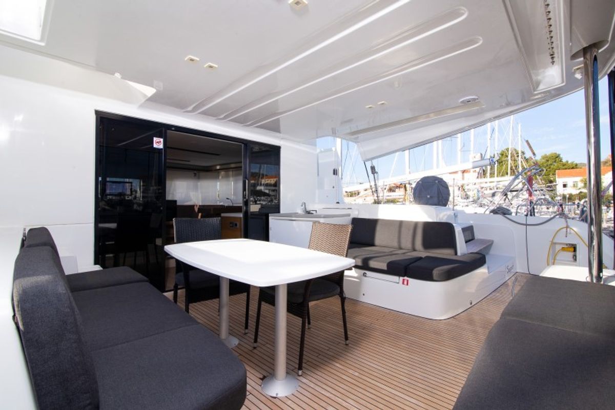 Deck of Zuzo 1ST, a Lagoon 50 catamaran at Grad Šibenik, Croatia