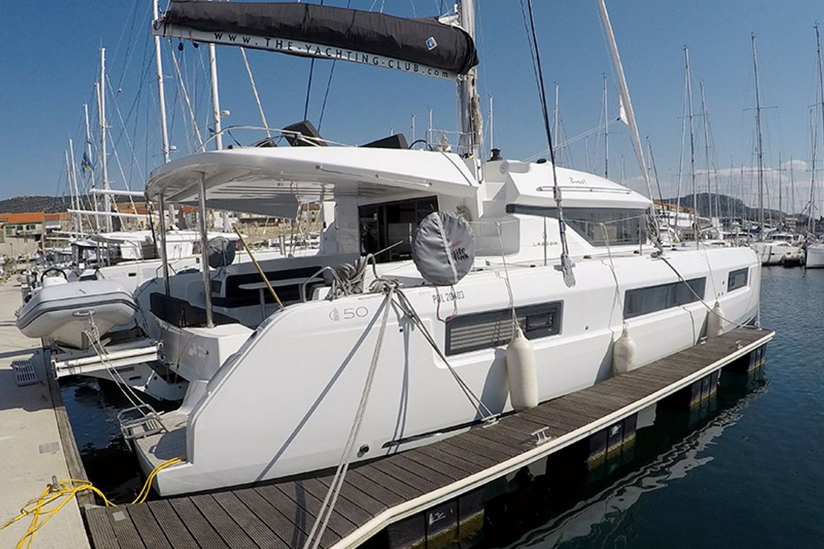 Exterior view of Zuzo 1ST, a Lagoon 50 catamaran at Grad Šibenik, Croatia