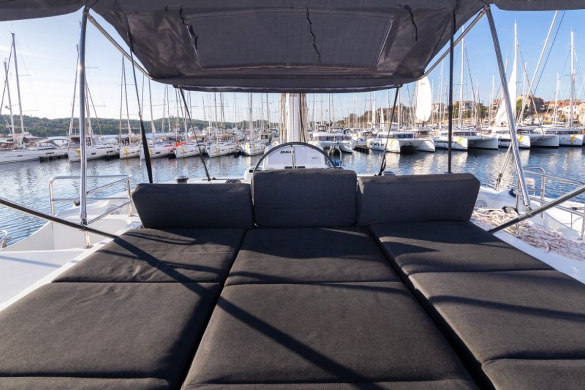 Deck of Zuzo 1ST, a Lagoon 50 catamaran at Grad Šibenik, Croatia