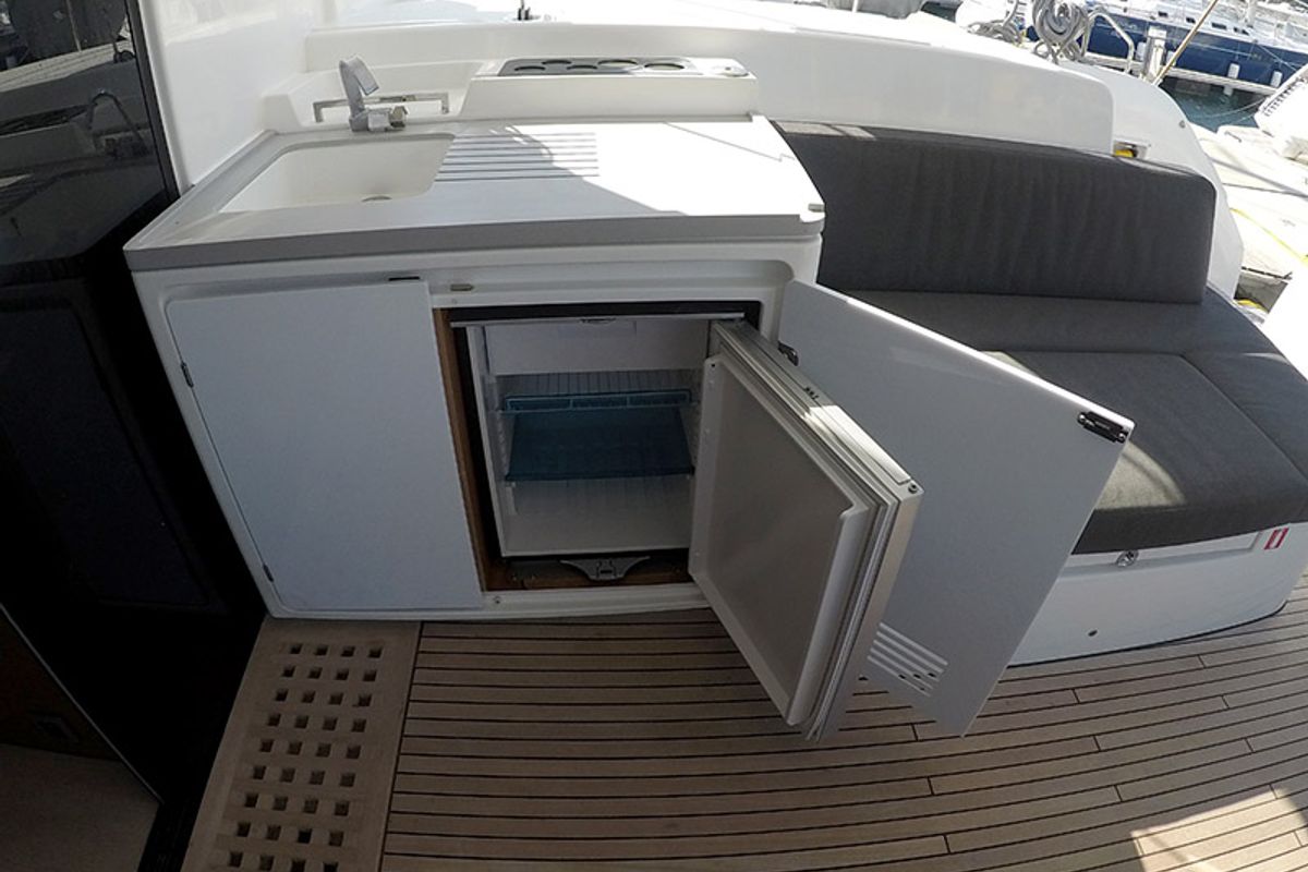 Deck of Zuzo 1ST, a Lagoon 50 catamaran at Grad Šibenik, Croatia