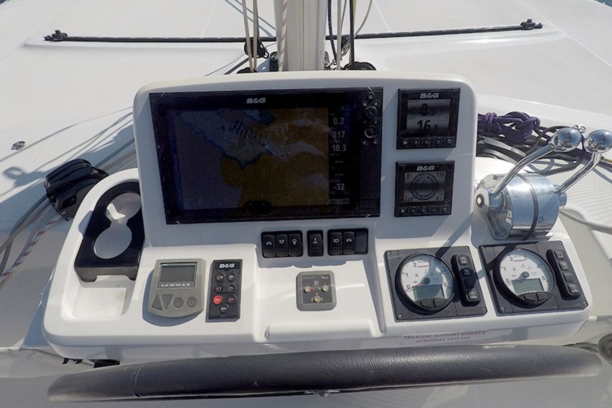 Cockpit of Zuzo 1ST, a Lagoon 50 catamaran at Grad Šibenik, Croatia