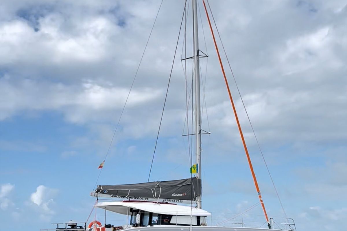 Exterior view of Olokum Ibiza Crewed, a Excess 11 catamaran at Ibiza, Spain