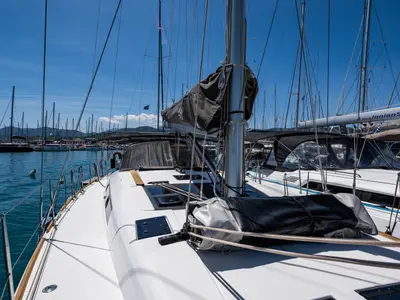 Deck of Pulsar, a Dufour 460 Grand Large sailboat at Municipal Unit of Lefkada, Greece