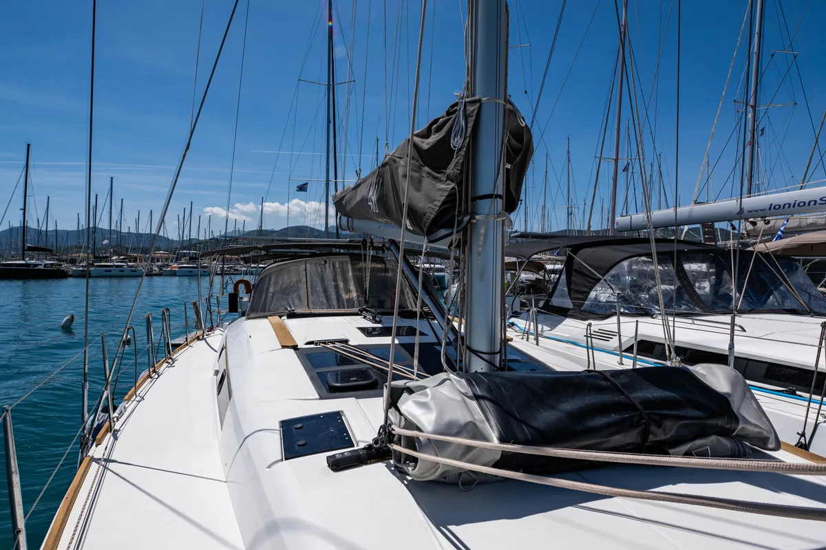 Deck of Pulsar, a Dufour 460 Grand Large sailboat at Municipal Unit of Lefkada, Greece