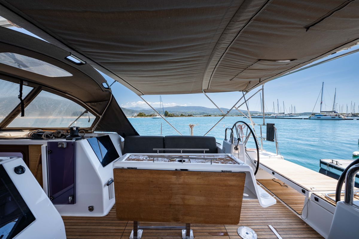 Cockpit of Pulsar, a Dufour 460 Grand Large sailboat at Municipal Unit of Lefkada, Greece