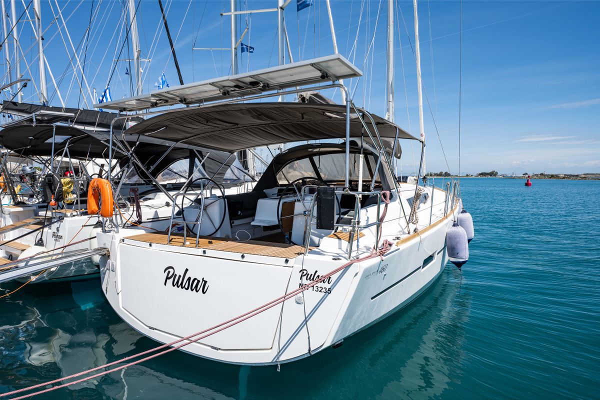 Exterior view of Pulsar, a Dufour 460 Grand Large sailboat at Municipal Unit of Lefkada, Greece