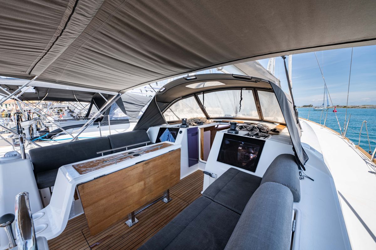 Cockpit of Pulsar, a Dufour 460 Grand Large sailboat at Municipal Unit of Lefkada, Greece