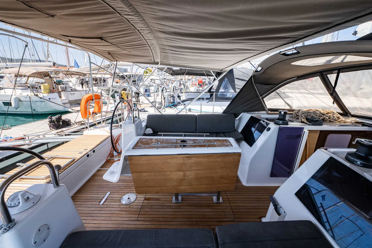 Cockpit of Pulsar, a Dufour 460 Grand Large sailboat at Municipal Unit of Lefkada, Greece