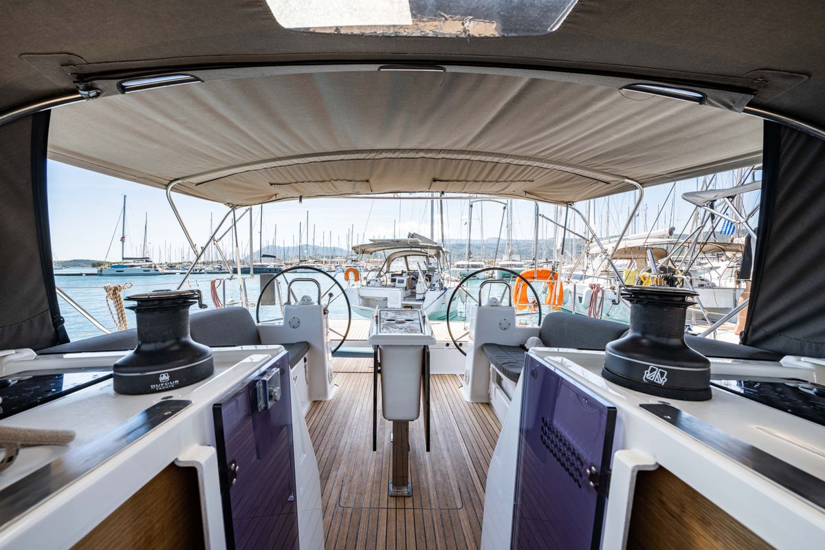 Cockpit of Pulsar, a Dufour 460 Grand Large sailboat at Municipal Unit of Lefkada, Greece