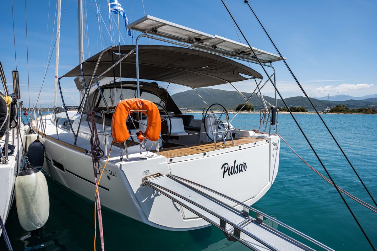 Exterior view of Pulsar, a Dufour 460 Grand Large sailboat at Municipal Unit of Lefkada, Greece