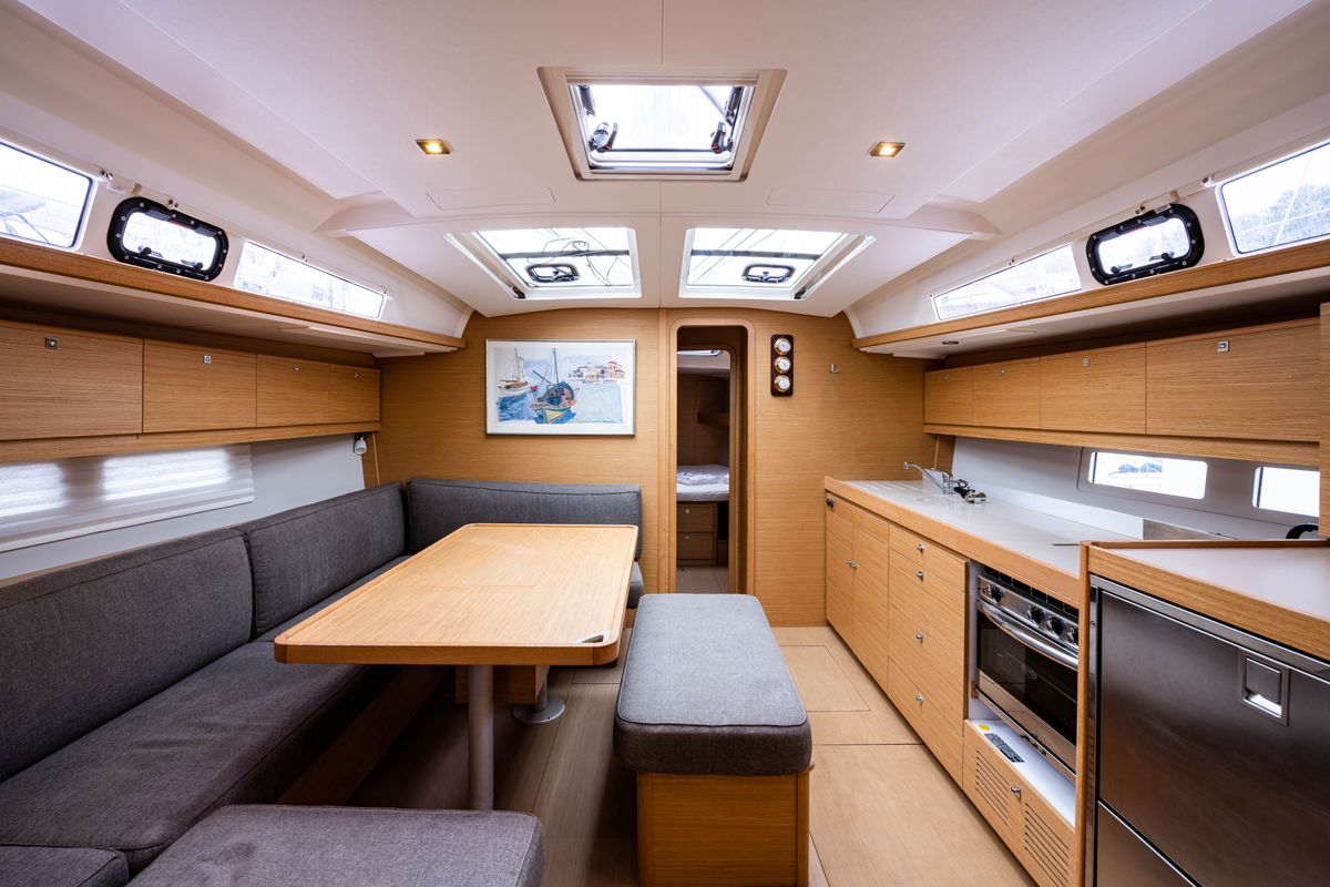 Salon of Pulsar, a Dufour 460 Grand Large sailboat at Municipal Unit of Lefkada, Greece