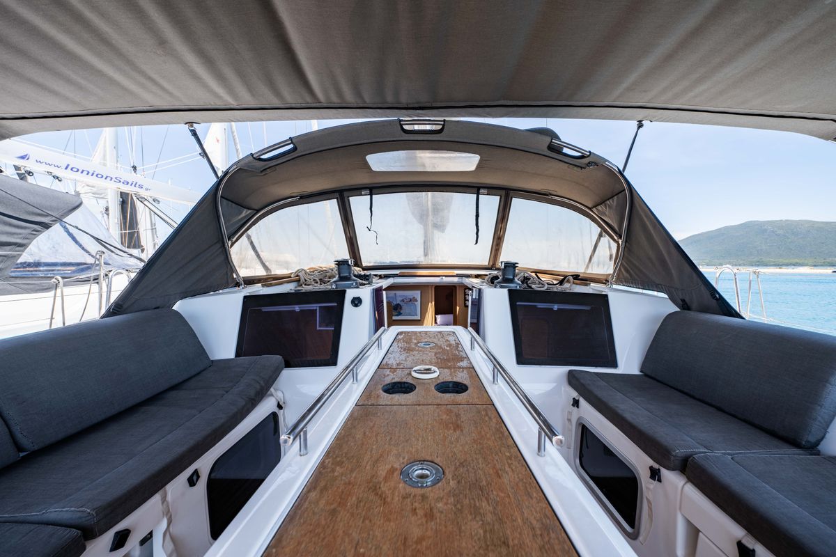 Cockpit of Pulsar, a Dufour 460 Grand Large sailboat at Municipal Unit of Lefkada, Greece
