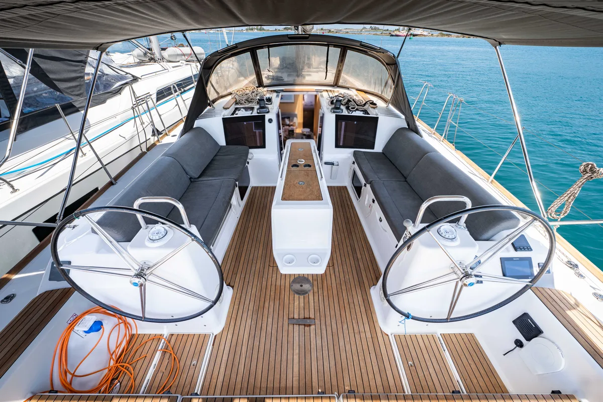 Cockpit of Pulsar, a Dufour 460 Grand Large sailboat at Municipal Unit of Lefkada, Greece