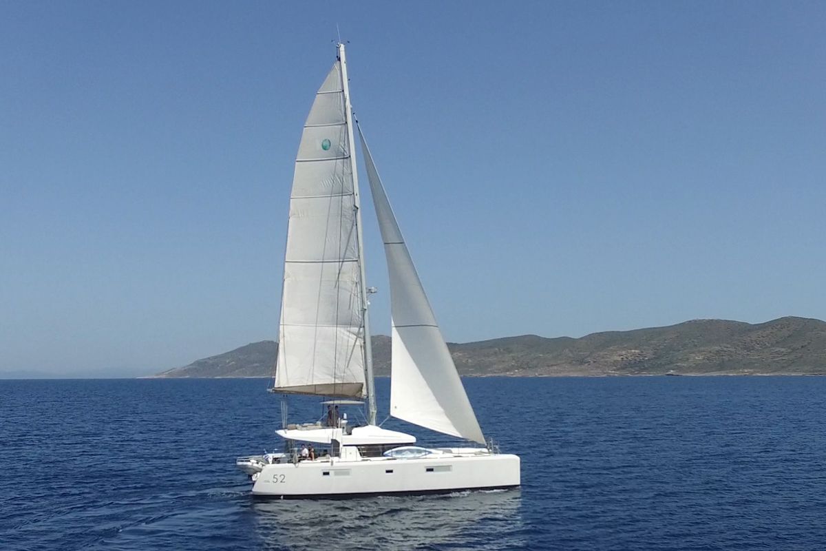 Exterior view of Kepi, a Lagoon 52 catamaran at Lavreotiki Municipal Unit, Greece