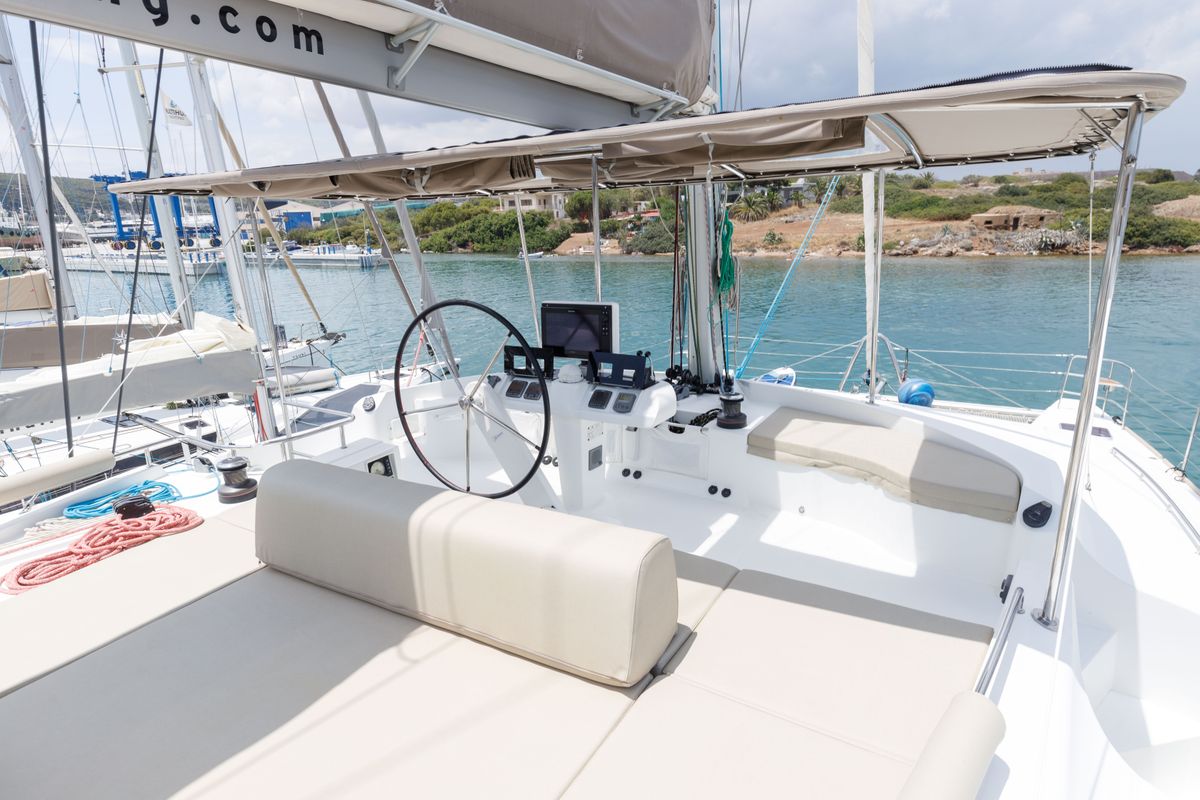 Cockpit of Kepi, a Lagoon 52 catamaran at Lavreotiki Municipal Unit, Greece