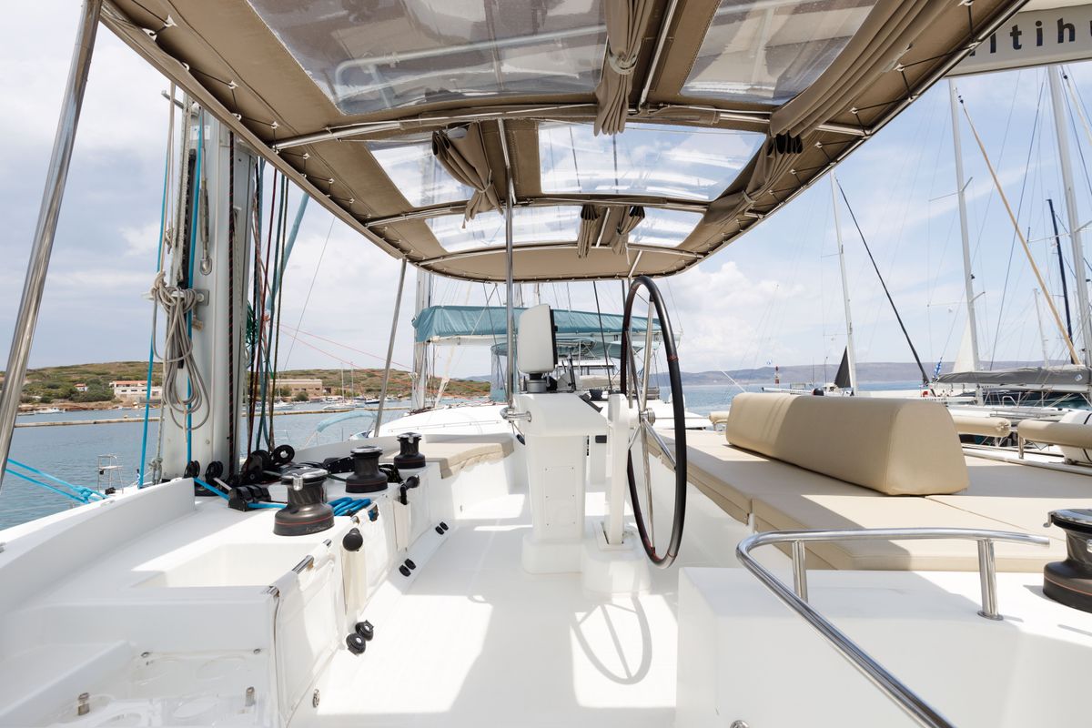 Cockpit of Kepi, a Lagoon 52 catamaran at Lavreotiki Municipal Unit, Greece