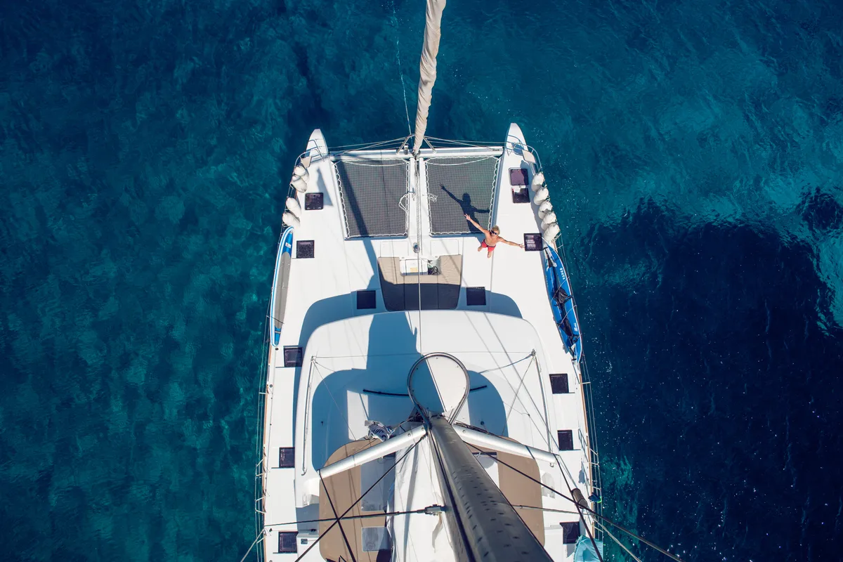 Exterior view of Kepi, a Lagoon 52 catamaran at Lavreotiki Municipal Unit, Greece