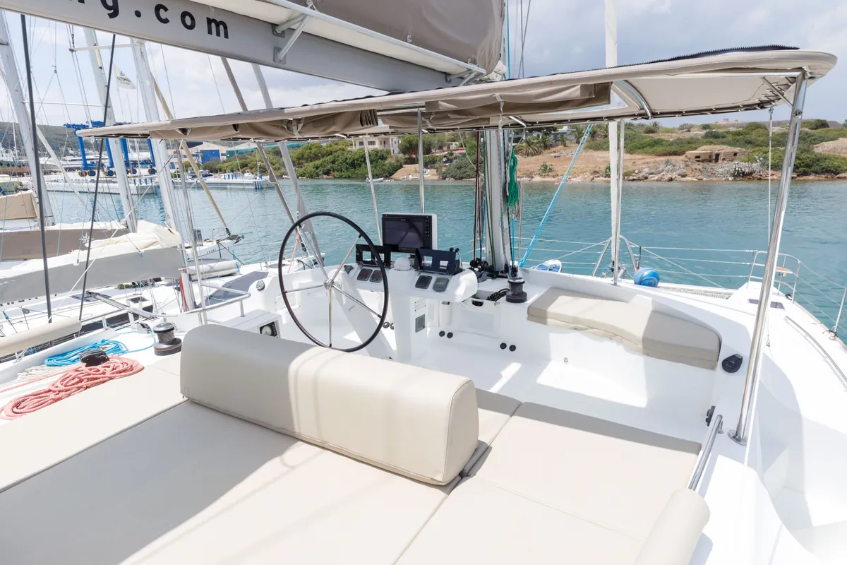 Cockpit of Kepi, a Lagoon 52 catamaran at Lavreotiki Municipal Unit, Greece
