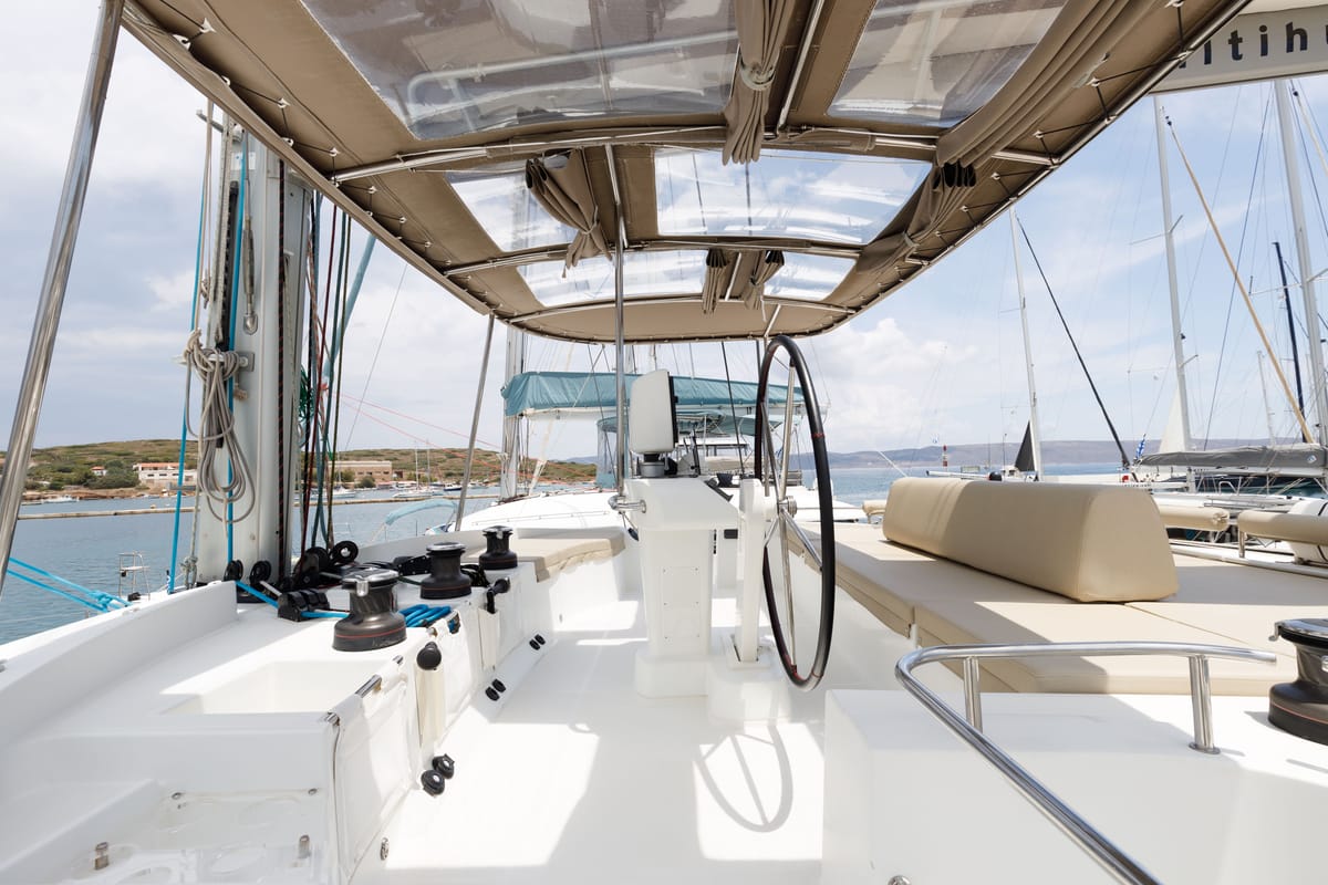 Cockpit of Kepi, a Lagoon 52 catamaran at Lavreotiki Municipal Unit, Greece