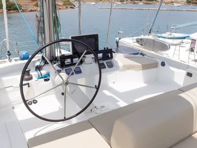 Cockpit of Kepi, a Lagoon 52 catamaran at Lavreotiki Municipal Unit, Greece