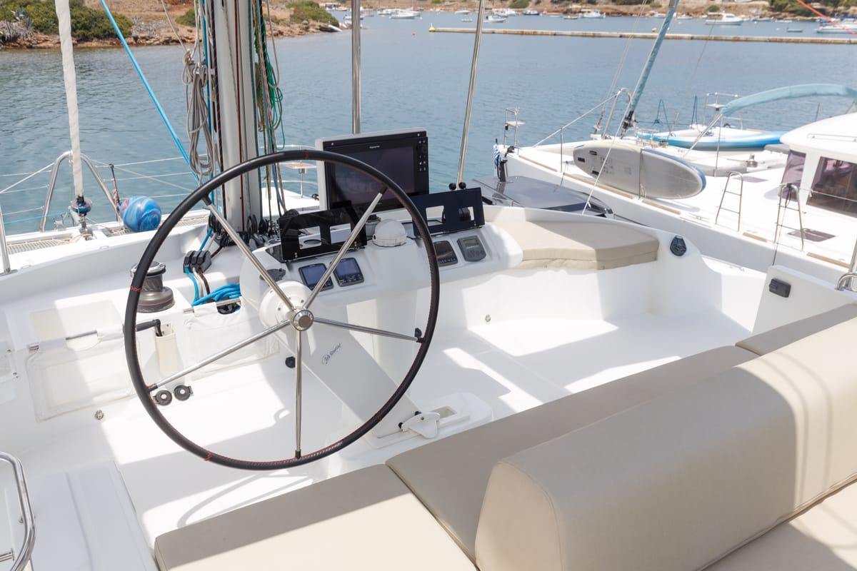 Cockpit of Kepi, a Lagoon 52 catamaran at Lavreotiki Municipal Unit, Greece