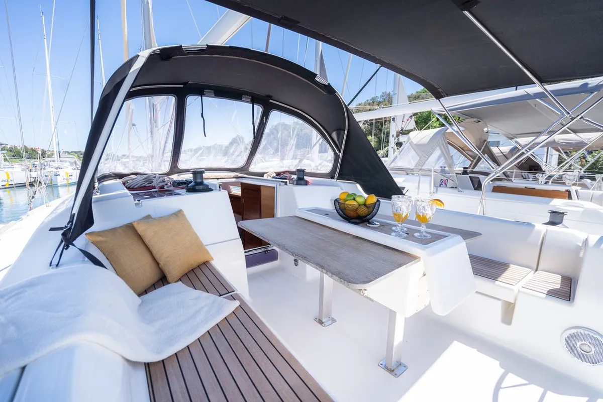 Cockpit of Cetus, a Dufour 382 GL sailboat at Grad Pula, Croatia