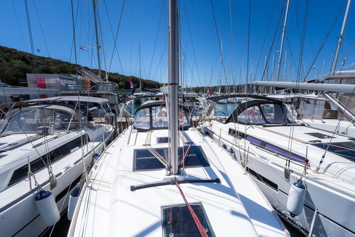 Deck of Cetus, a Dufour 382 GL sailboat at Grad Pula, Croatia