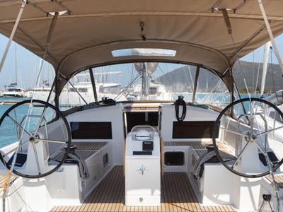 Cockpit of Asteri, a Jeanneau Sun Odyssey 440 sailboat at Municipal Unit of Lefkada, Greece