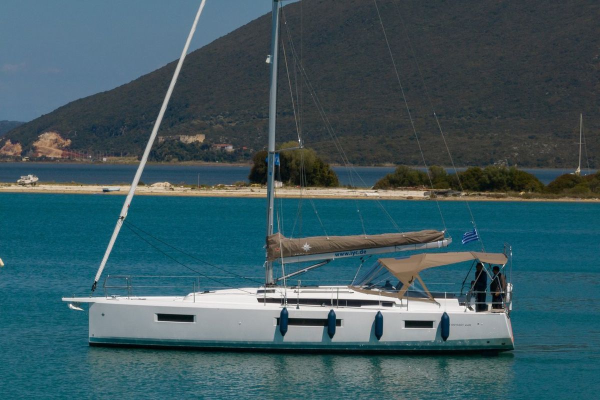 Exterior view of Asteri, a Jeanneau Sun Odyssey 440 sailboat at Municipal Unit of Lefkada, Greece